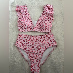 Pink Cheetah Print High Waisted Ruffle Detail Bikini